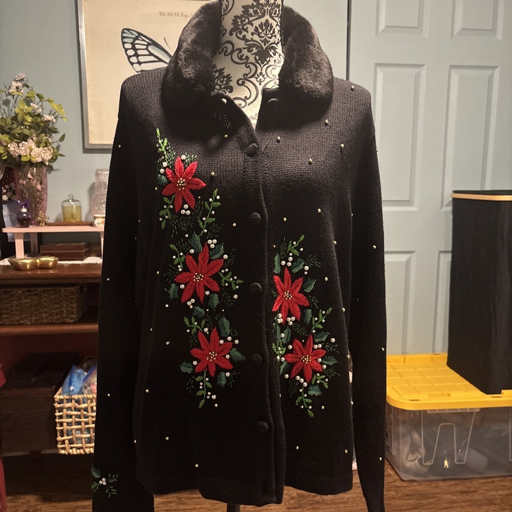 Victoria Jones Christmas Sweater Sz Large With Removable Faux Fur Collar‎